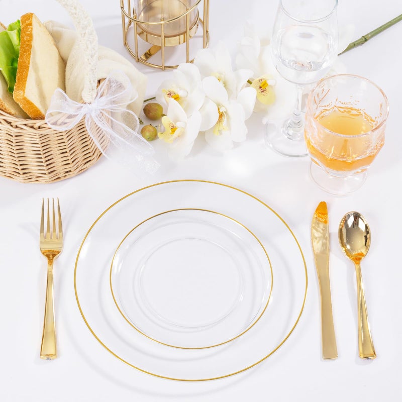 bUCLA 100PCS Clear and Gold Plastic Plates - Clear Disposable With Gold Rim Include 50 Each (10 inch Dinner & 7 inch Dessert) Plates, Ideal for Party & Thanksgiving - Image 4