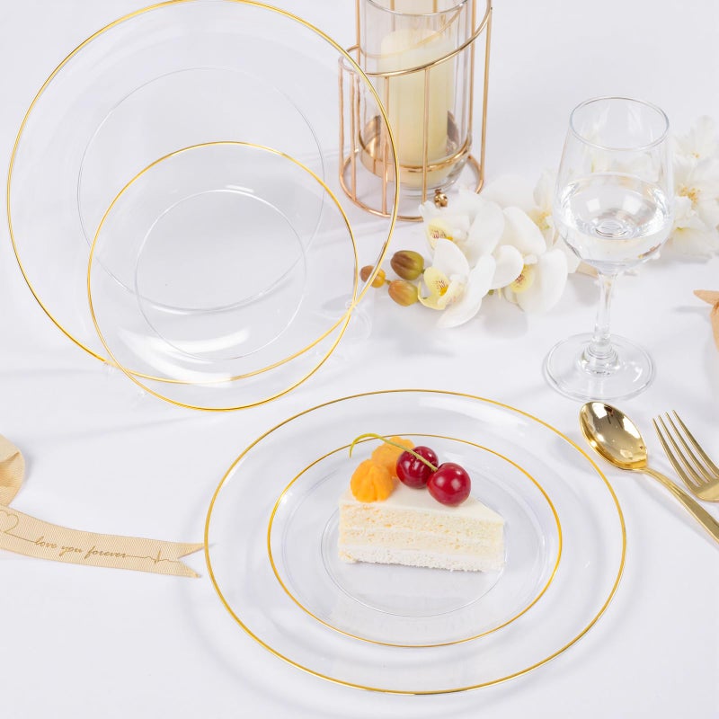 bUCLA 100PCS Clear and Gold Plastic Plates - Clear Disposable With Gold Rim Include 50 Each (10 inch Dinner & 7 inch Dessert) Plates, Ideal for Party & Thanksgiving - Image 3