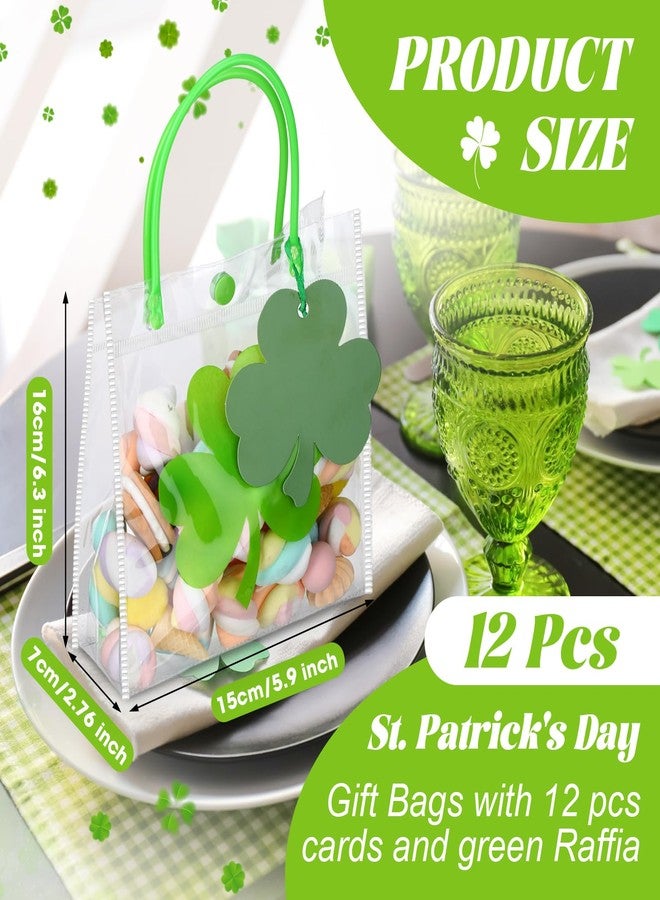 Bulyoou 12 Pcs Clear St. Patrick's Day Gift Bag with Raffia Lucky Clover Tag Plastic St. Patrick's Day Party Favor Bag Shamrock Goodie Bag Clover Irish PVC Wrap Bag with Handle for Party Supplies - Image 2