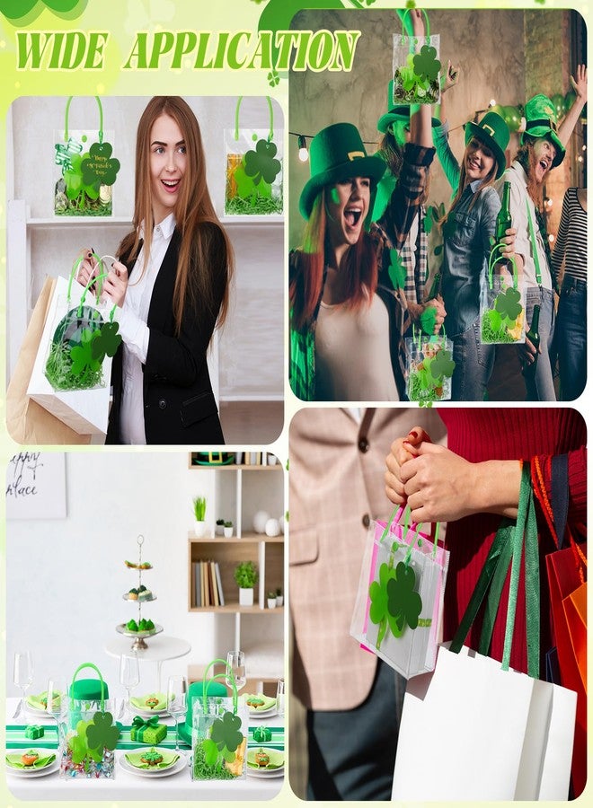 Bulyoou 12 Pcs Clear St. Patrick's Day Gift Bag with Raffia Lucky Clover Tag Plastic St. Patrick's Day Party Favor Bag Shamrock Goodie Bag Clover Irish PVC Wrap Bag with Handle for Party Supplies - Image 5