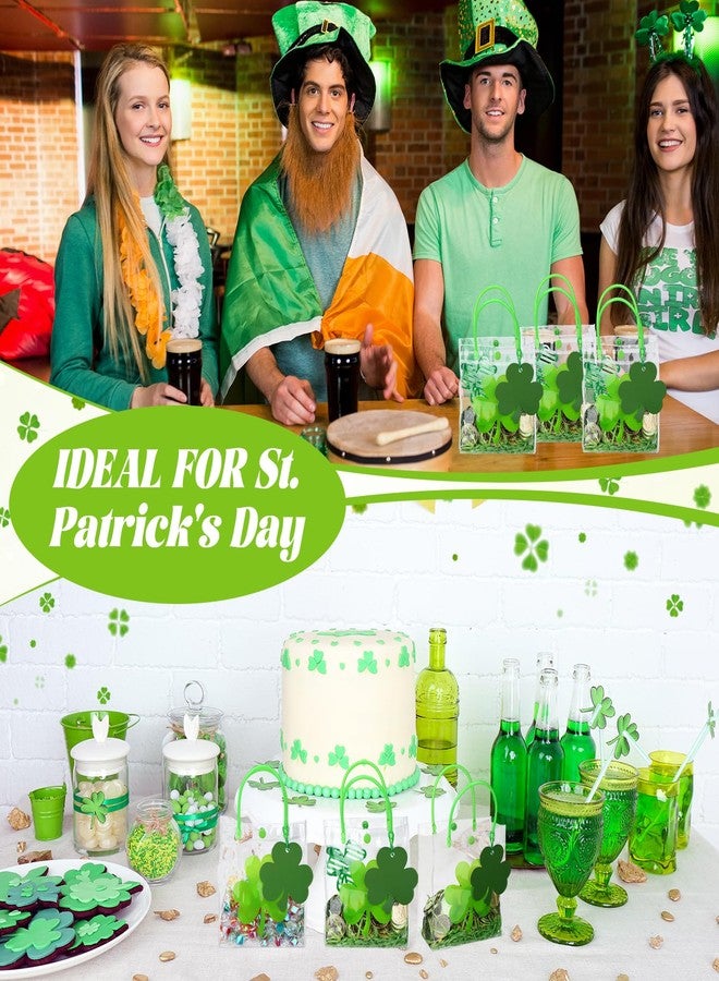 Bulyoou 12 Pcs Clear St. Patrick's Day Gift Bag with Raffia Lucky Clover Tag Plastic St. Patrick's Day Party Favor Bag Shamrock Goodie Bag Clover Irish PVC Wrap Bag with Handle for Party Supplies - Image 4