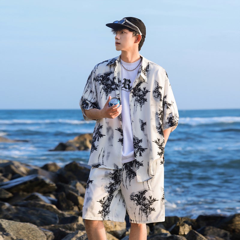 Mens Summer Casual Two-Piece Set Short Sleeve Shirt Beach Shorts Tie-Dye Ice Silk Sportswear - Image 2