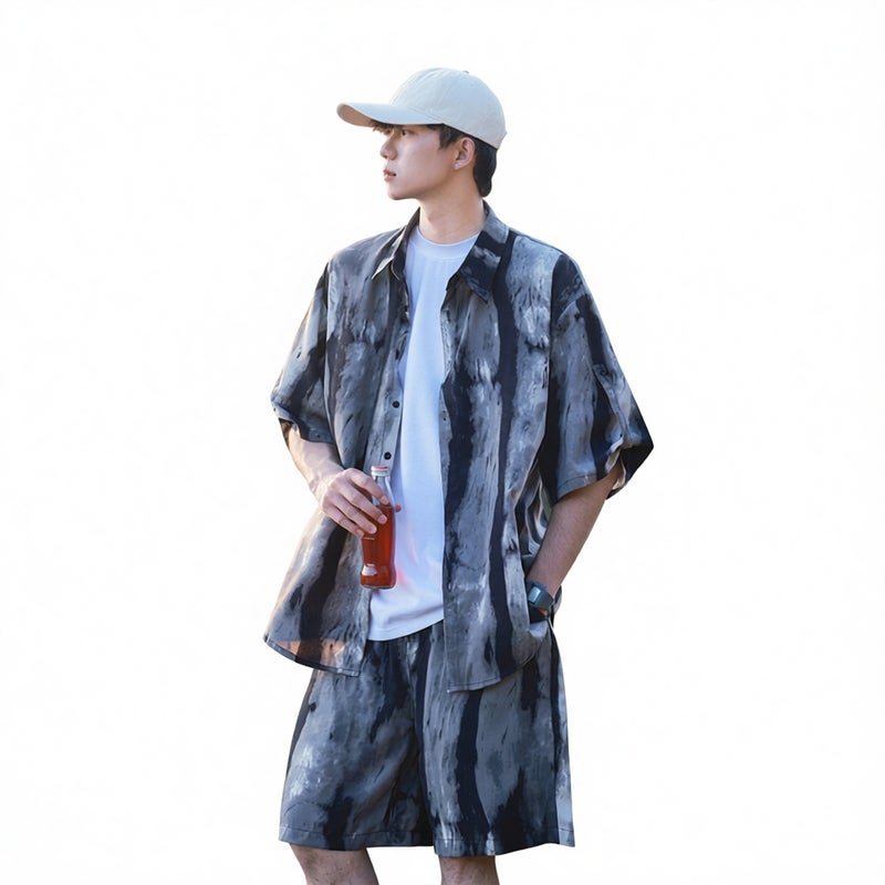 Mens Summer Casual Two-Piece Set Short Sleeve Shirt Beach Shorts Tie-Dye Ice Silk Sportswear - Image 1