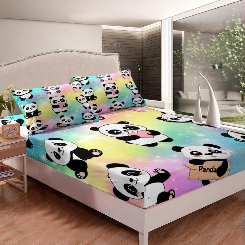 Erosebridal Cartoon Panda Sheet Set for Girls Boys Bedroom Cute Rainbow Full Sheets Animal Themed Bed Sheets Colorful Pastel Fitted Sheet Soft Microfiber Flat Sheet 4 Piece - Image 4