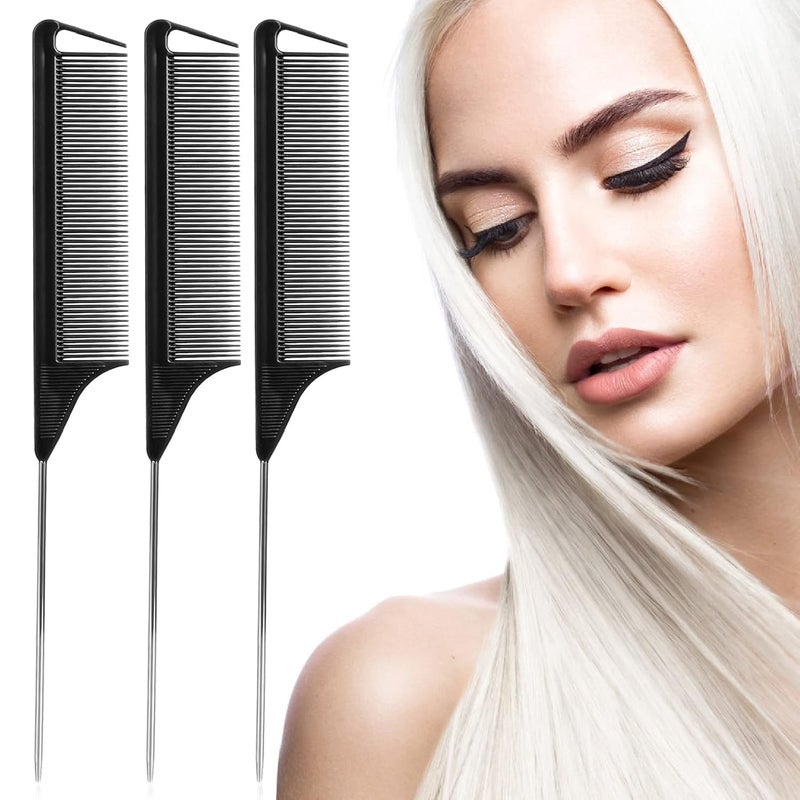 Kunihiko Rat Tail Combs Set: 3-Pack Teasing Styling Combs with Long Steel Pins for Women, Parting Combs for All Hair Types (Black) - Image 2