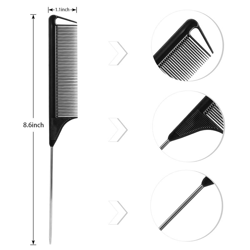 Kunihiko Rat Tail Combs Set: 3-Pack Teasing Styling Combs with Long Steel Pins for Women, Parting Combs for All Hair Types (Black) - Image 4