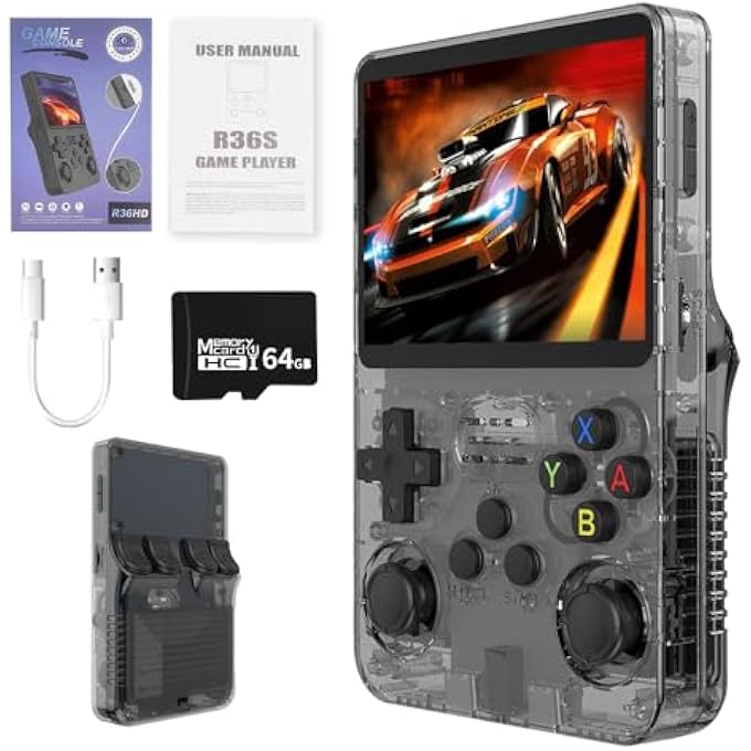 R36S HANDHELD GAME CONSOLE, HANDHELD GAMES CONSOLES WITH OPEN SOURCE LINUX SYSTEM, 3.5 INCH IPS SCREEN, 64G TF CARD, BUILT-IN 15000+ CLASSIC GAMES, HAND HELD GAME CONSOLES BLACK - Image 1