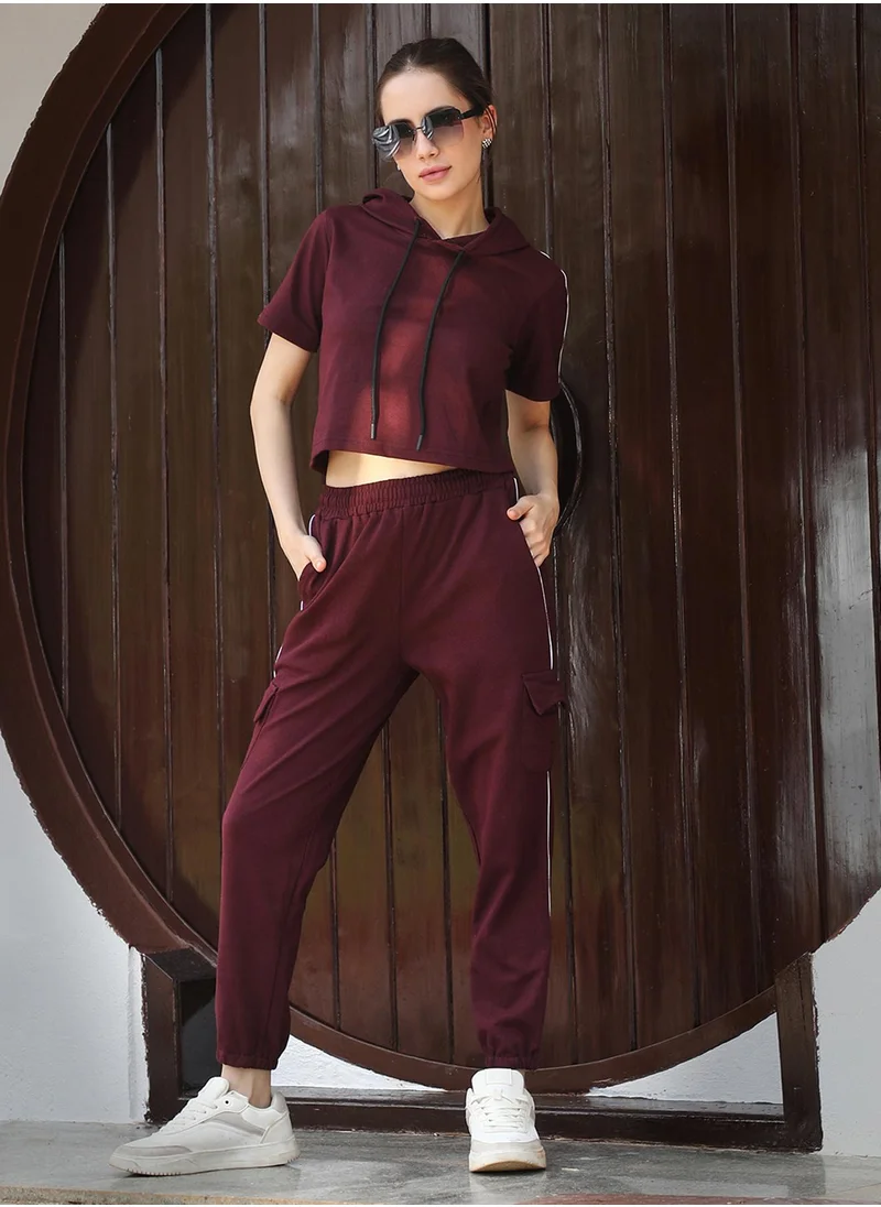 PINACOLADA Women's Wine Red Contrast Piping Co-Ord Set