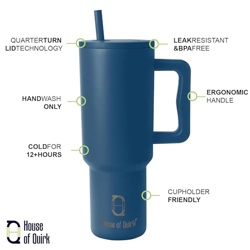 House of Quirk 1200ML Stainless Steel Tumbler with Handle & Lid, 2 Straws – Large Travel Mug Water Cup for Gym, Office & Outdoor Use (Teal Blue) - Image 2
