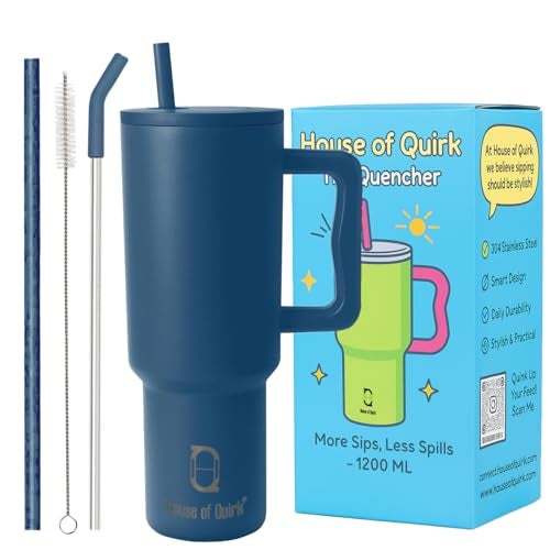 House of Quirk 1200ML Stainless Steel Tumbler with Handle & Lid, 2 Straws – Large Travel Mug Water Cup for Gym, Office & Outdoor Use (Teal Blue) - Image 1