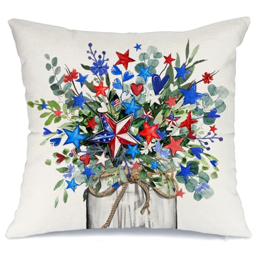 AACORS 4th of July Pillow Covers 18x18 Inch Stars Floral Vase Butterfly Decor Patriotic America USA Holiday Pillow Case Independence Memorial Day Decorations for Home Sofa Couch AA53218 - Image 1