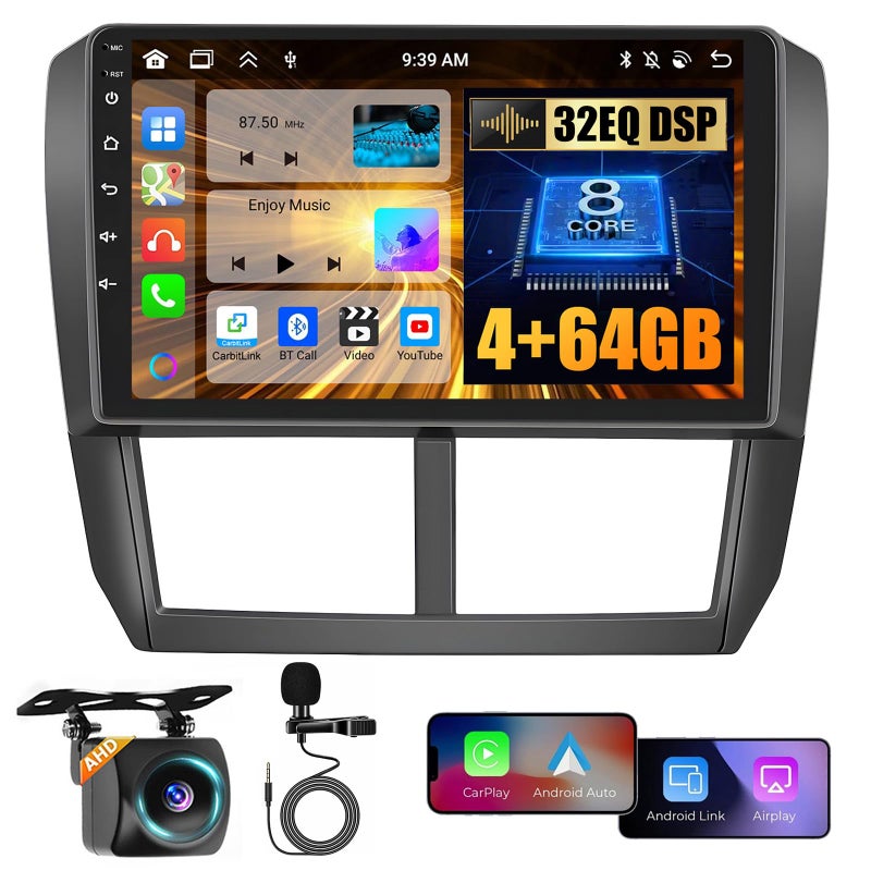 Hikity for Subaru Forester Impreza WRX 2008-2012 Android Car Stereo with Wireless Carplay, 8 Core 4+64GB 9 Inch IPS Touchscreen Car Radio 59UI GPS Navigation WiFi 32EQ DSP Backup Camrea - Image 1