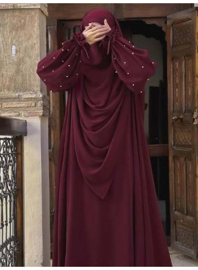 سلسلة اللؤلؤ: الشرق الأوسط اللون الصلب للنساء رداء اللؤلؤ الأكمام فستان Abaya قطعتين مجموعة الحجاب الطويل مناسبة جدا للنساء يوميا ارتداء الصيام شهر الصلاة - Image 1