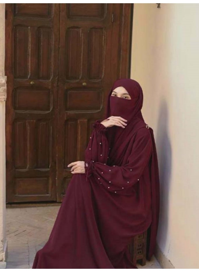 سلسلة اللؤلؤ: الشرق الأوسط اللون الصلب للنساء رداء اللؤلؤ الأكمام فستان Abaya قطعتين مجموعة الحجاب الطويل مناسبة جدا للنساء يوميا ارتداء الصيام شهر الصلاة - Image 5
