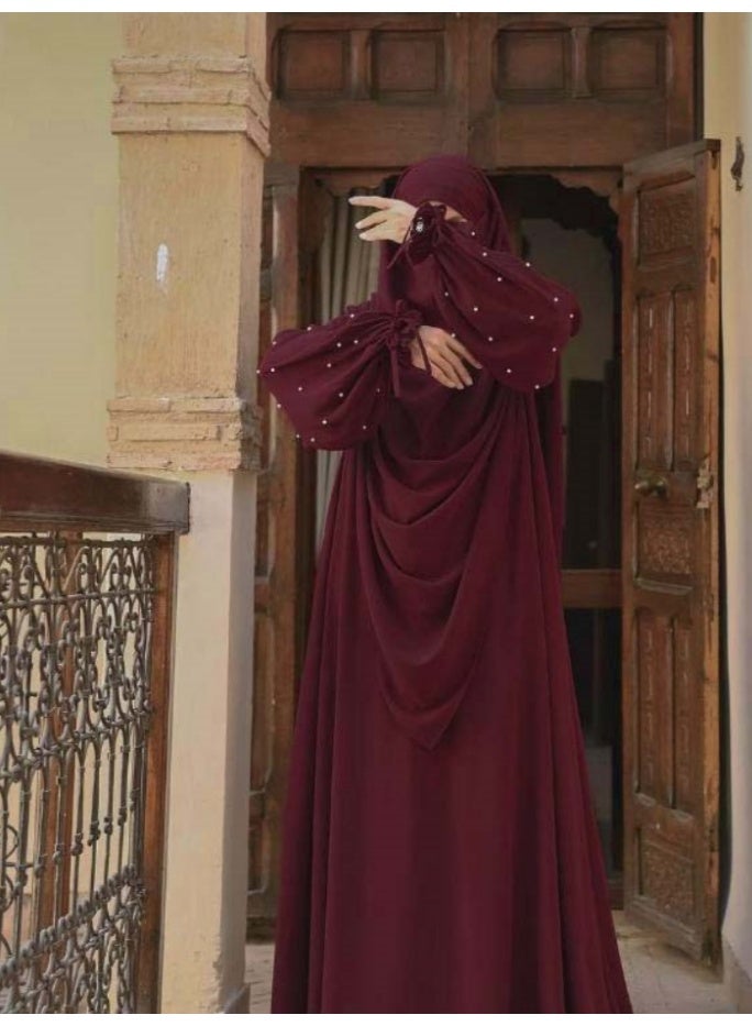 سلسلة اللؤلؤ: الشرق الأوسط اللون الصلب للنساء رداء اللؤلؤ الأكمام فستان Abaya قطعتين مجموعة الحجاب الطويل مناسبة جدا للنساء يوميا ارتداء الصيام شهر الصلاة - Image 2