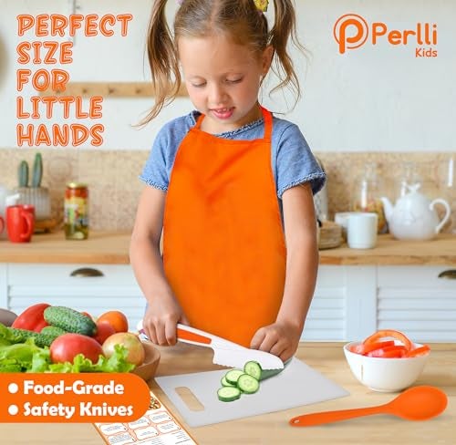 PERLLI Kids Real Cooking Set for Cooking and Baking – 31 Pc. Gift for Junior Chef with Real Utensils, Case & Safe Kids Knife Set for Boys & Girls – Fine Motor Skills & Fun for Children Ages 6+, Orange - Image 3