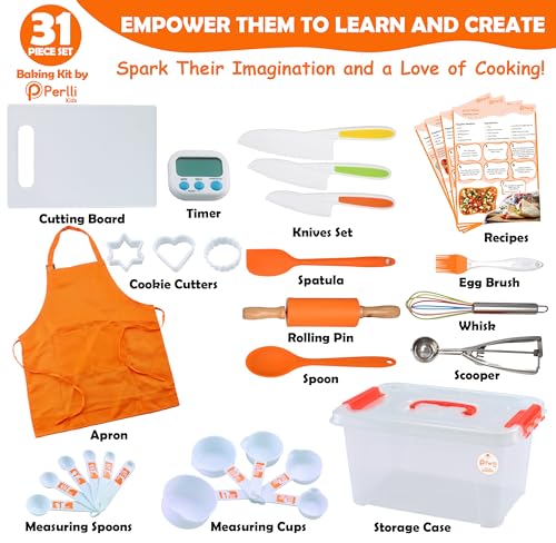 PERLLI Kids Real Cooking Set for Cooking and Baking – 31 Pc. Gift for Junior Chef with Real Utensils, Case & Safe Kids Knife Set for Boys & Girls – Fine Motor Skills & Fun for Children Ages 6+, Orange - Image 2