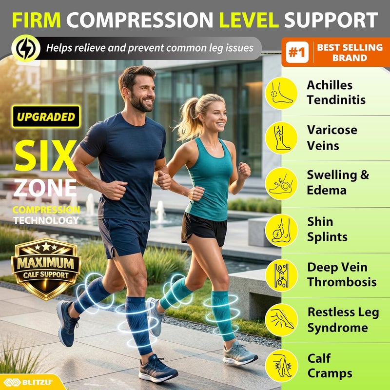 BLITZU Calf Sleeves (1 Pair) Power+ Compression Men and Women Performance Leg Guards. True Graduated Compression. Improves Circulation, Aids Muscle Recovery - Image 2