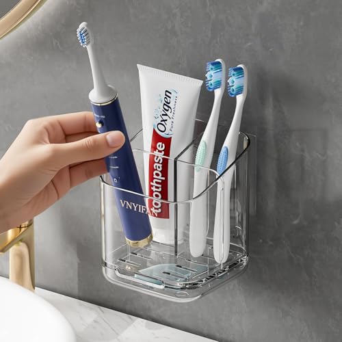 VNYIFAN Toothbrush Holders for Bathrooms, 3 Slots Detachable Electric Toothbrush Holder Wall Mounted with Divider, Removable Tooth Brush and Toothpaste Holder Organizer for Bathroom/Kitchen/Office - Image 1