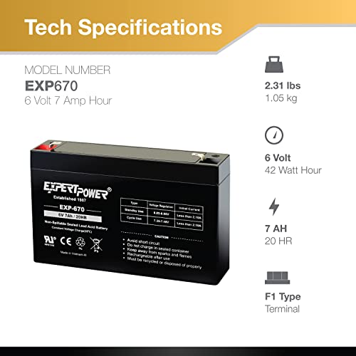 ExpertPower® 6Volt 7AH Sealed Lead Acid (SLA) Battery with F1 Terminal EXP670 Replaces Powertron PEA6V65F3 Enduring 3FM7 - Image 2