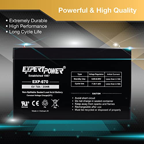 ExpertPower® 6Volt 7AH Sealed Lead Acid (SLA) Battery with F1 Terminal EXP670 Replaces Powertron PEA6V65F3 Enduring 3FM7 - Image 4