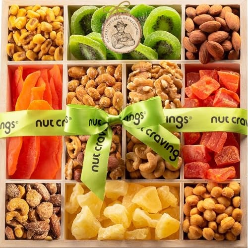NUT CRAVINGS - Thanksgiving Dried Fruit & Mixed Nuts Gift Basket in Reusable Wooden Tray + Ribbon (12 Assortments) Holiday Xmas Christmas Food Arrangement, Healthy Snack Care Package, - Image 1