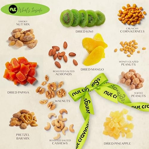 NUT CRAVINGS - Thanksgiving Dried Fruit & Mixed Nuts Gift Basket in Reusable Wooden Tray + Ribbon (12 Assortments) Holiday Xmas Christmas Food Arrangement, Healthy Snack Care Package, - Image 5
