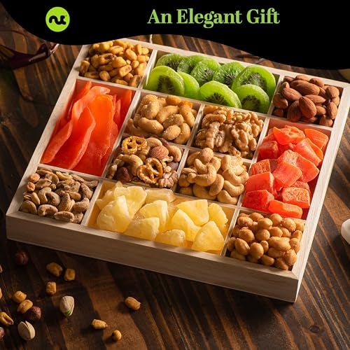 NUT CRAVINGS - Thanksgiving Dried Fruit & Mixed Nuts Gift Basket in Reusable Wooden Tray + Ribbon (12 Assortments) Holiday Xmas Christmas Food Arrangement, Healthy Snack Care Package, - Image 3