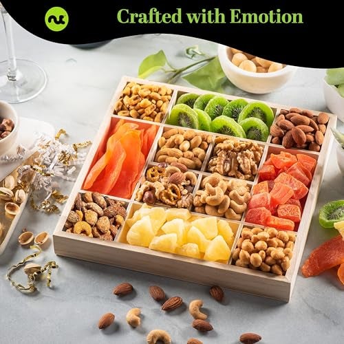 NUT CRAVINGS - Thanksgiving Dried Fruit & Mixed Nuts Gift Basket in Reusable Wooden Tray + Ribbon (12 Assortments) Holiday Xmas Christmas Food Arrangement, Healthy Snack Care Package, - Image 2
