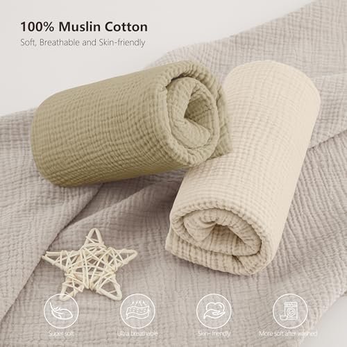 Bearmoss Muslin Crib Sheets 100% Cotton Baby Crib Sheets Fitted for Standard Crib Mattress & Toddler Bed Mattress 52"x28" Soft Breathable Crib Sheet Neutral for Boys Girls - 2 Pack (Oat Latte) - Image 4