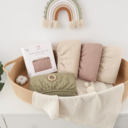 Bearmoss Muslin Crib Sheets 100% Cotton Baby Crib Sheets Fitted for Standard Crib Mattress & Toddler Bed Mattress 52"x28" Soft Breathable Crib Sheet Neutral for Boys Girls - 2 Pack (Oat Latte) - Image 5