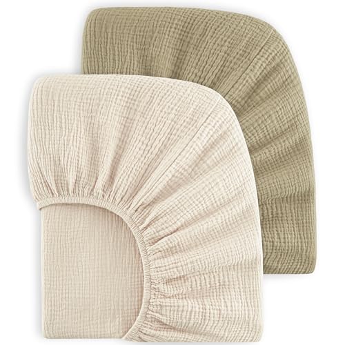 Bearmoss Muslin Crib Sheets 100% Cotton Baby Crib Sheets Fitted for Standard Crib Mattress & Toddler Bed Mattress 52"x28" Soft Breathable Crib Sheet Neutral for Boys Girls - 2 Pack (Oat Latte) - Image 1