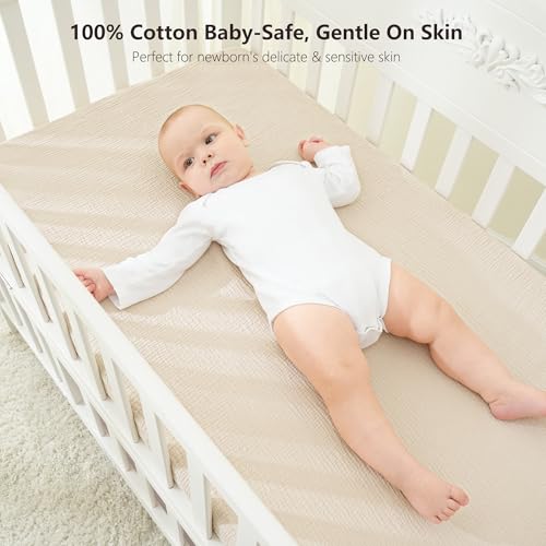 Bearmoss Muslin Crib Sheets 100% Cotton Baby Crib Sheets Fitted for Standard Crib Mattress & Toddler Bed Mattress 52"x28" Soft Breathable Crib Sheet Neutral for Boys Girls - 2 Pack (Oat Latte) - Image 2