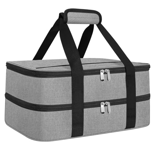 esouler Double Insulated Casserole Carrier Bag Hot & Cold Food Carrier Bag Lasagna Holder Lunch Bag for Picnics, Parties, Travel, Fits 9 x 13 Inches Casserole Dish-Grey - Image 1