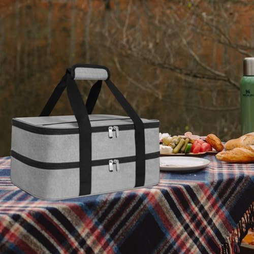esouler Double Insulated Casserole Carrier Bag Hot & Cold Food Carrier Bag Lasagna Holder Lunch Bag for Picnics, Parties, Travel, Fits 9 x 13 Inches Casserole Dish-Grey - Image 5