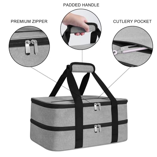 esouler Double Insulated Casserole Carrier Bag Hot & Cold Food Carrier Bag Lasagna Holder Lunch Bag for Picnics, Parties, Travel, Fits 9 x 13 Inches Casserole Dish-Grey - Image 3