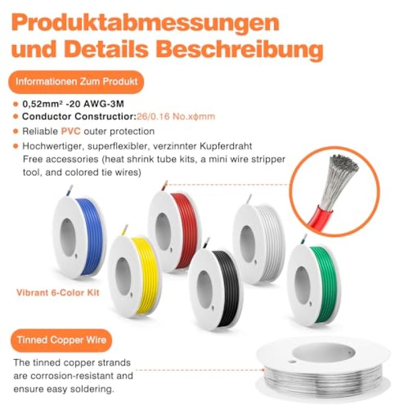 20 AWG Stranded Wire 6 Spools 26-Filament Tinned Copper Electrical Wire - Flexible PVC Insulation Hookup Wire Kit for DIY Electronics Automotive Wiring - Image 2