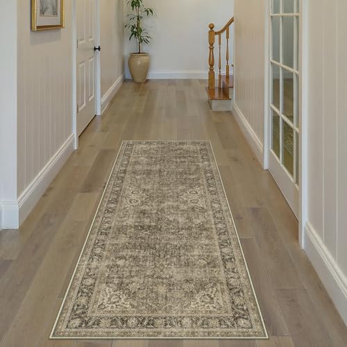 WondRg 2x6 Washable Runner Rug Brown Vintage Non Slip Soft Low Pile Hallway Kitchen Rug Distressed Oriental Carpet for Laundry Bathroom Bedroom Living Room Home Decor - Image 1