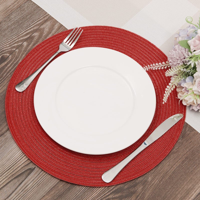 SHACOS Round Placemats Set of 6 Braided Cotton Polyester 15 inch Washable Place Mats for Dining Tables Christmas Table Mats Home Wedding Party Table Decor (Red, 6) - Image 4