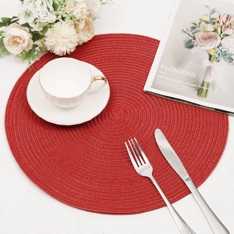 SHACOS Round Placemats Set of 6 Braided Cotton Polyester 15 inch Washable Place Mats for Dining Tables Christmas Table Mats Home Wedding Party Table Decor (Red, 6) - Image 5