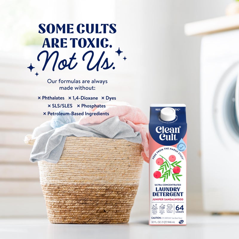 Cleancult Ultra Concentrated Liquid Laundry Detergent Soap, 192 loads (96 oz), Long Lasting Scent, 90% Less Plastic, No Harsh Chemicals, Juniper Sandalwood, Defeats Stains & Odors, HE/Standard Compatible - Image 5
