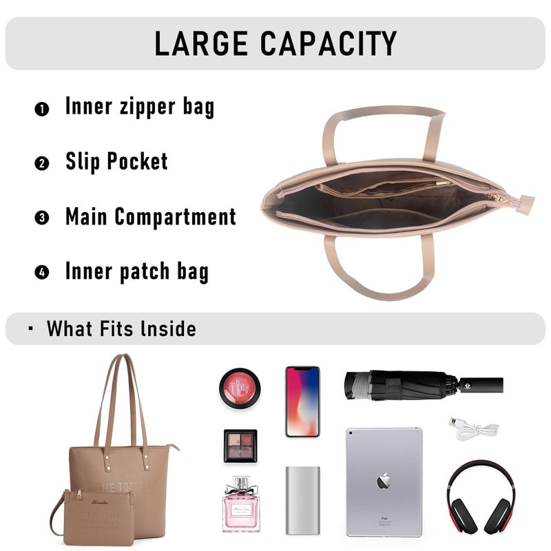 Chinllo Tote Bag for Women, Medium Top Handle Handbags Purse Set with Clutch Bag (D.Khaki) - Image 5