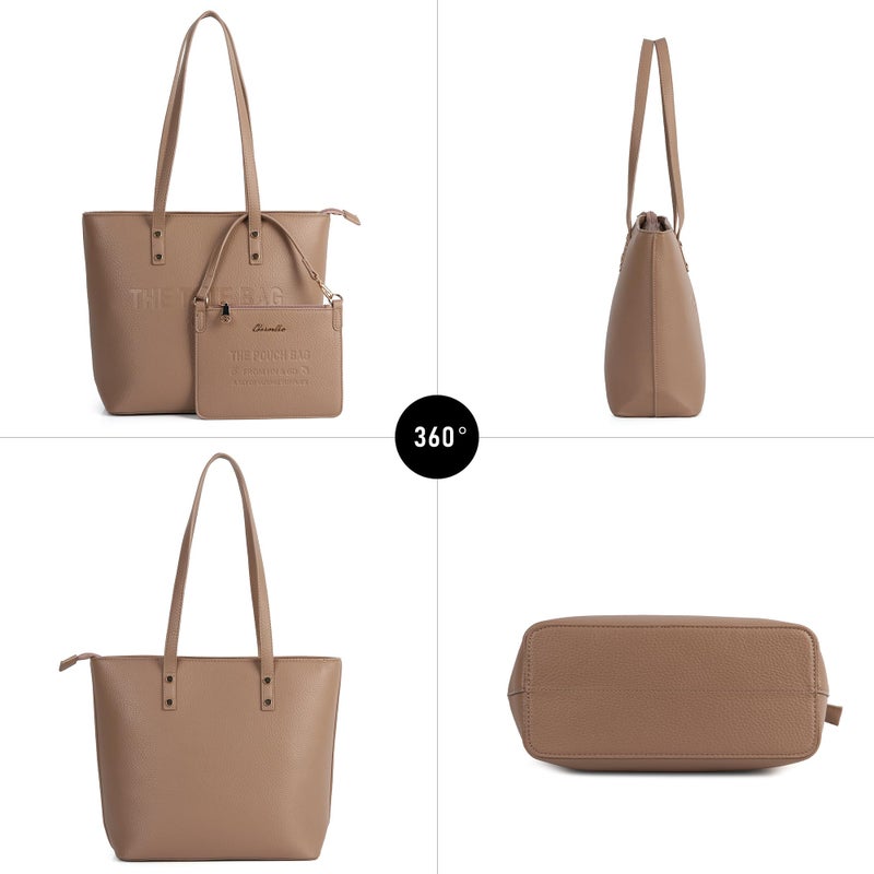 Chinllo Tote Bag for Women, Medium Top Handle Handbags Purse Set with Clutch Bag (D.Khaki) - Image 4