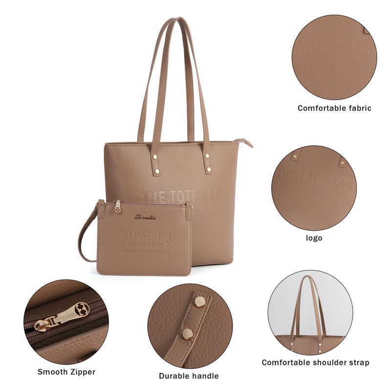 Chinllo Tote Bag for Women, Medium Top Handle Handbags Purse Set with Clutch Bag (D.Khaki) - Image 3