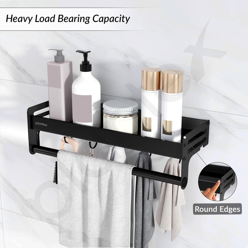 Plantex Aluminium Multipurpose Bathroom Shelf with Towel Rod and Movable Hooks/Rack Shelf for Bathroom/Kitchen Shelf Organizer (Black) - Image 3