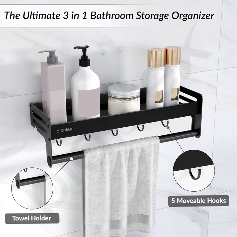 Plantex Aluminium Multipurpose Bathroom Shelf with Towel Rod and Movable Hooks/Rack Shelf for Bathroom/Kitchen Shelf Organizer (Black) - Image 2