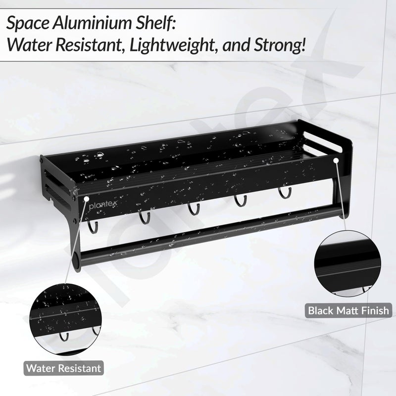 Plantex Aluminium Multipurpose Bathroom Shelf with Towel Rod and Movable Hooks/Rack Shelf for Bathroom/Kitchen Shelf Organizer (Black) - Image 4