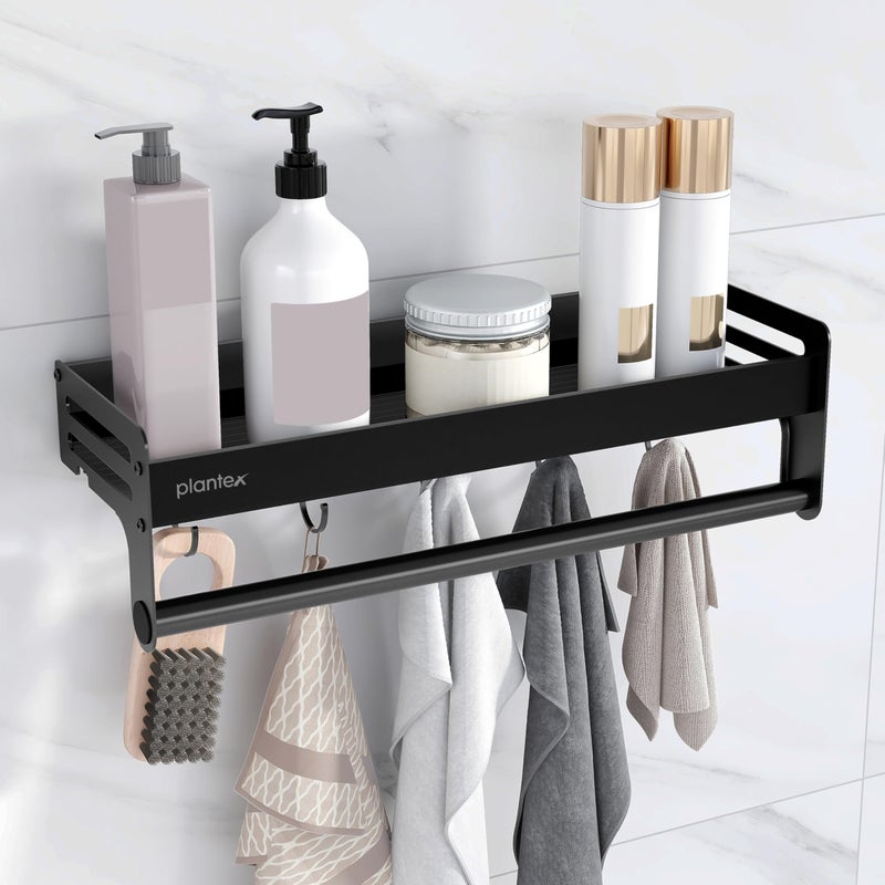 Plantex Aluminium Multipurpose Bathroom Shelf with Towel Rod and Movable Hooks/Rack Shelf for Bathroom/Kitchen Shelf Organizer (Black) - Image 1