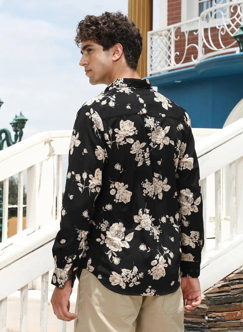 CAHOOT  Men's Onyx Black Contrast-Roses Imprint Shirt for Men | Best Price UAE