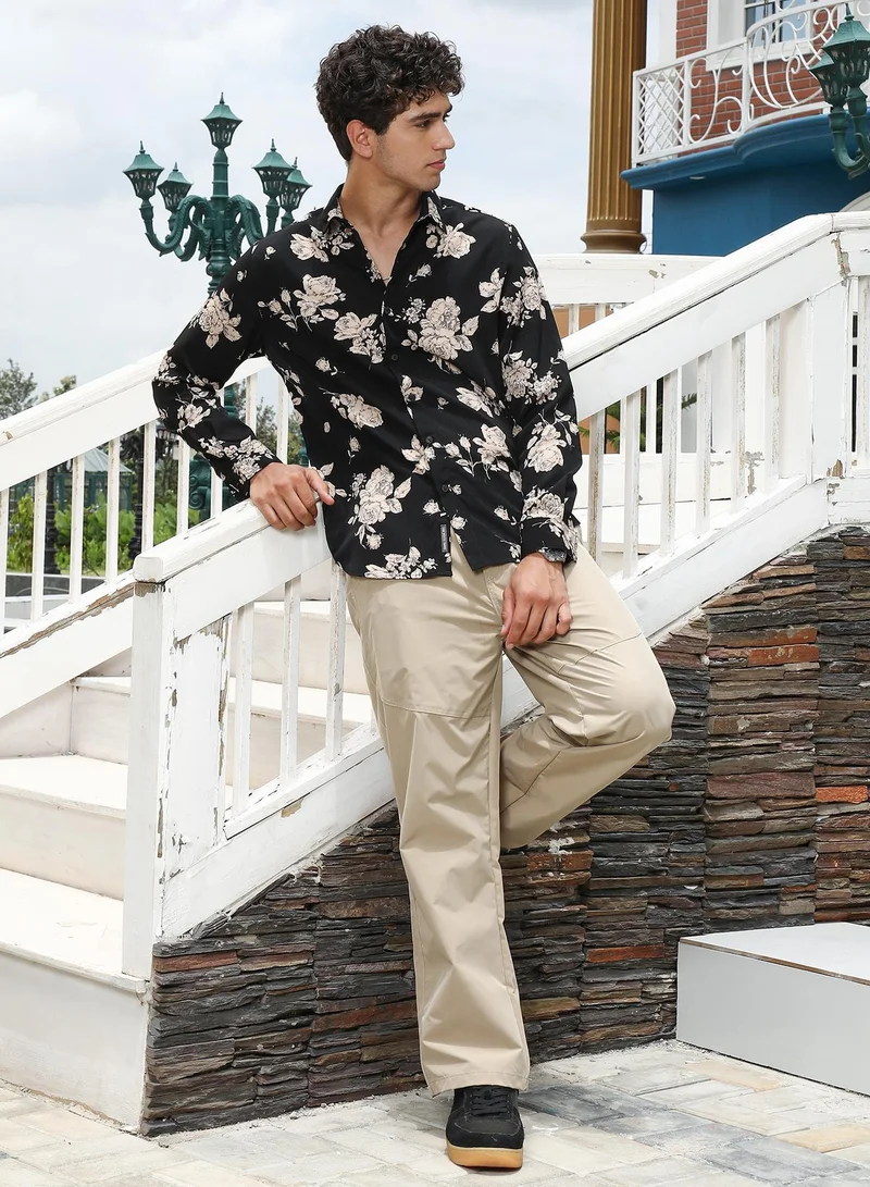 CAHOOT  Men's Onyx Black Contrast-Roses Imprint Shirt for Men | Best Price UAE